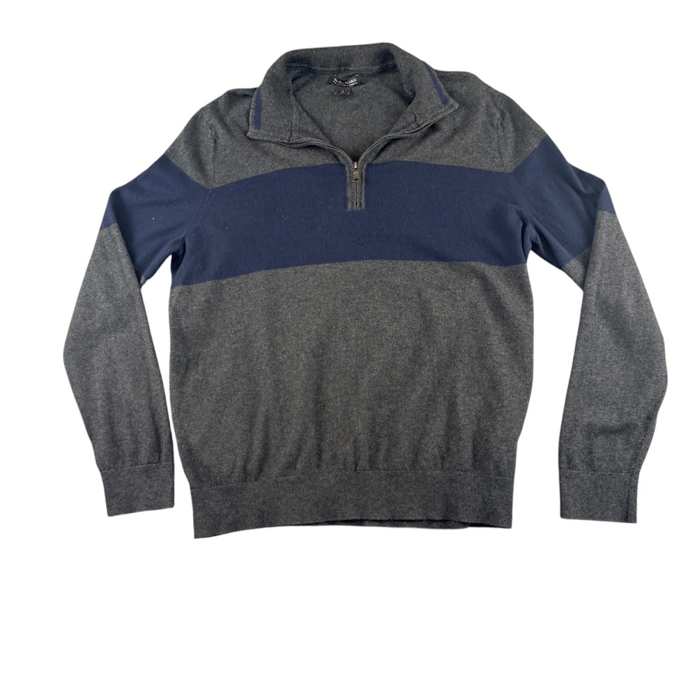 Banana Republic Mens Pima Cotton Cashmere Quarter Zip Sweater Gray Navy Large
